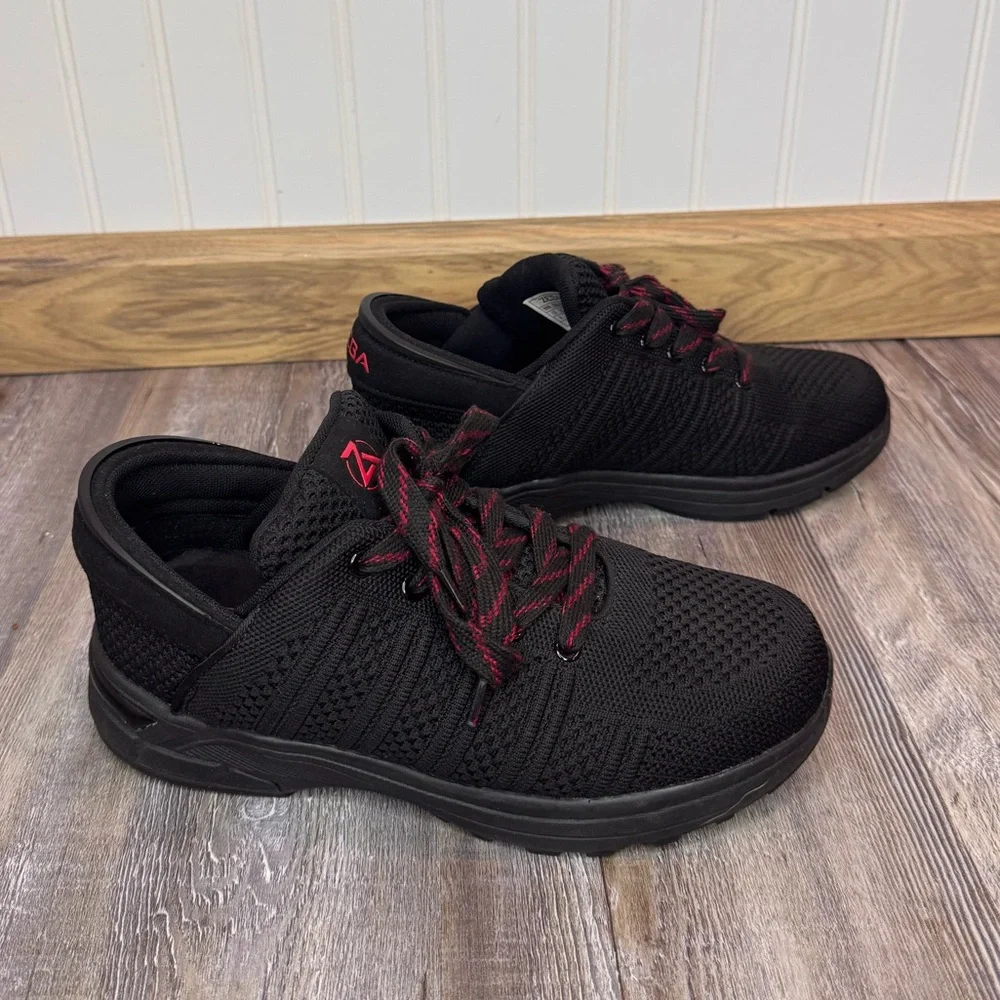 Zeba Womens Hands Free Slip On Lace Up Walking Shoe Mesh Balck Red Size 9